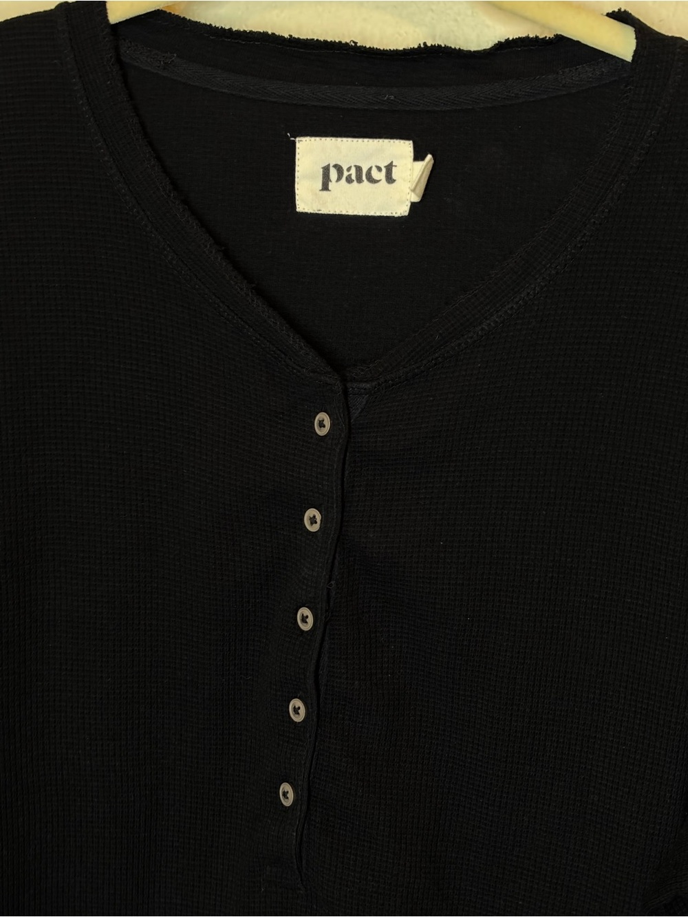 Pact Black waffle knit Henley Top, XL, 100% organic cotton